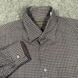 Ermenegildo Zegna Shirt Large Brown Blue Gingham Business‎ 100% Cotton Men's